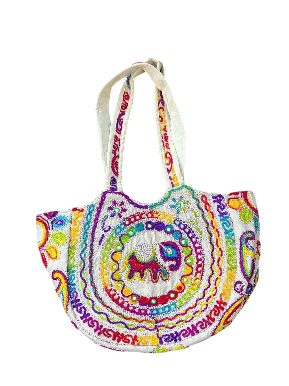 Embroidered Elephant Shoulder Bag - White Multicolor